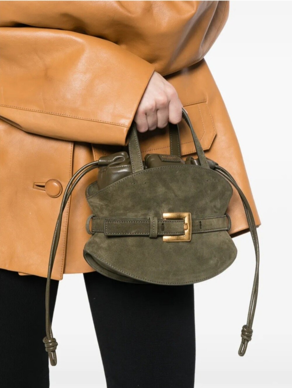 Balmain Khaki Shuffle Mini Belted Top Handle Suede & Leather NWT - Picture 2 of 13